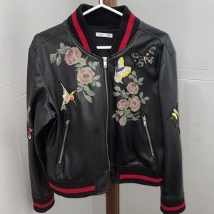 Dex Jacket / Women Us Size Large/ flowers embroidered/False leather/Black Green